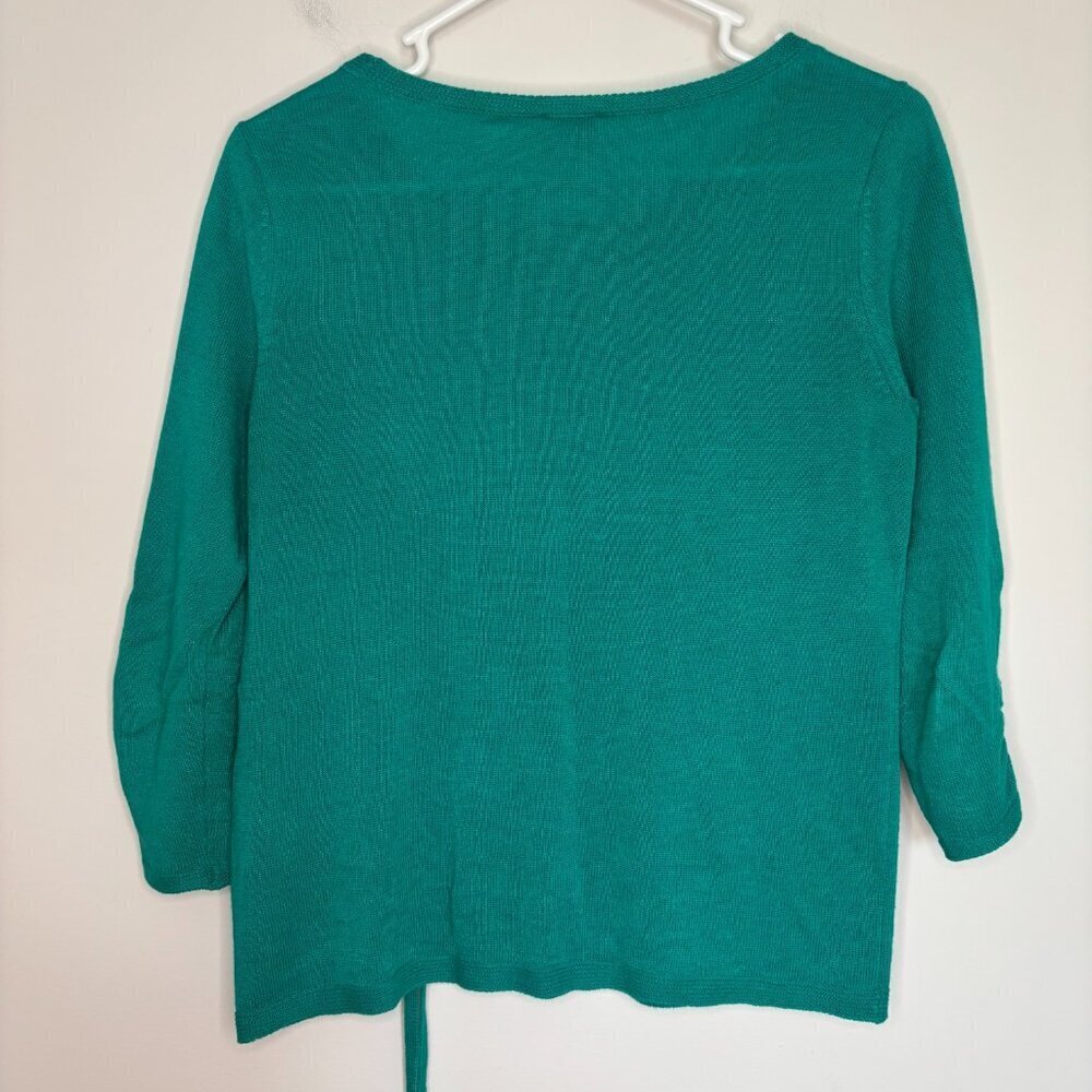 CHICO'S Long Ruched Sleeve Drawstring Knit Sweater Womens S Petite Green Stretch - Picture 2 of 6